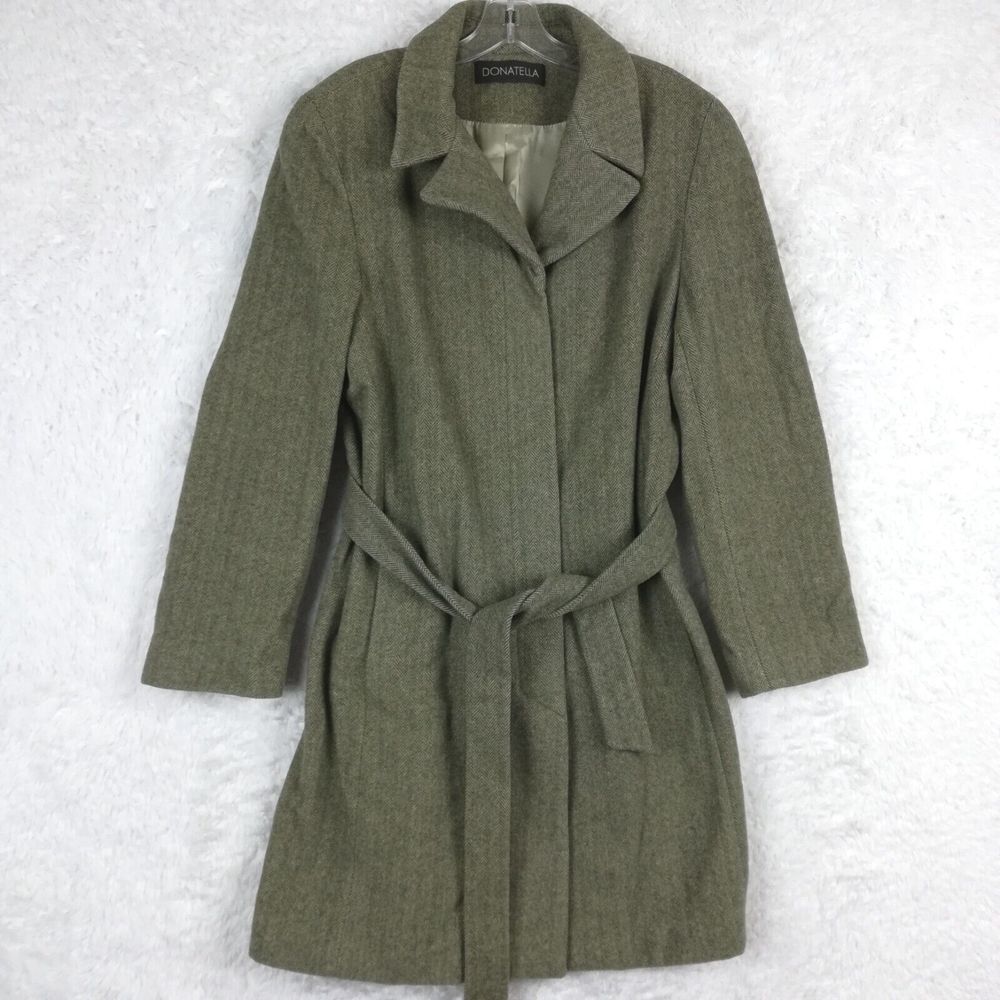 Donatella Womens Coat Wool Blend Belted Green Herringbone‎ Button Front 14